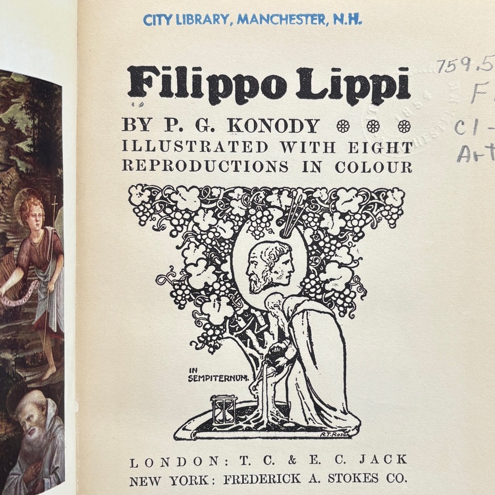 Filippo Lippi Masterpieces in Colour Manchester NH Library Bookplate Art Vintage